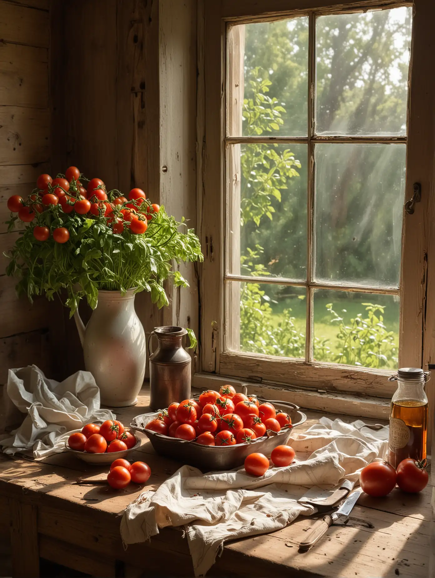 Still Life of Fresh Picked Tomatoes on Country Kitchen Table by 1800s Open Window