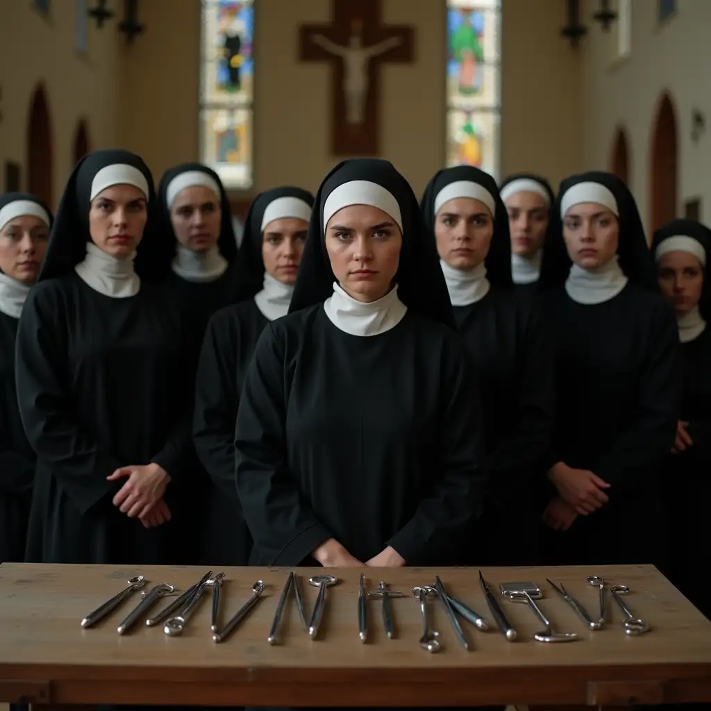 Photo in the foreground: a group of sullen nuns in full-length black in a church, with surgical instruments on the counter in front of them