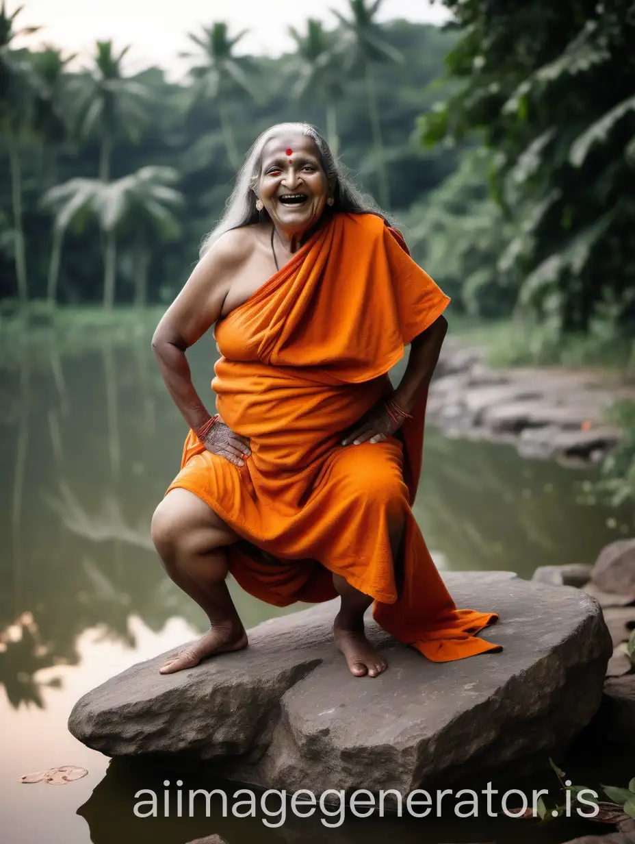 an indian hindu monk woman fat curvy mature with fat face having age 75 years old with makeup and long tresses wearing an wet orange bath towel, she is doing squat pose on a flat rock piece on a pond shore holding a goat, she is laughing and happy, on the rock some garland are there, its evening time