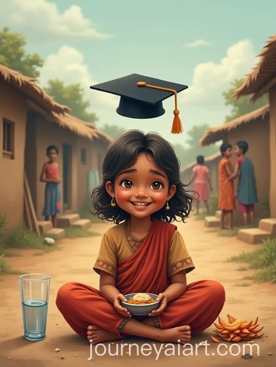Young-Indian-Girl-in-Rural-Village-with-Graduation-Cap-and-Food-Symbolizing-Education-and-Potential