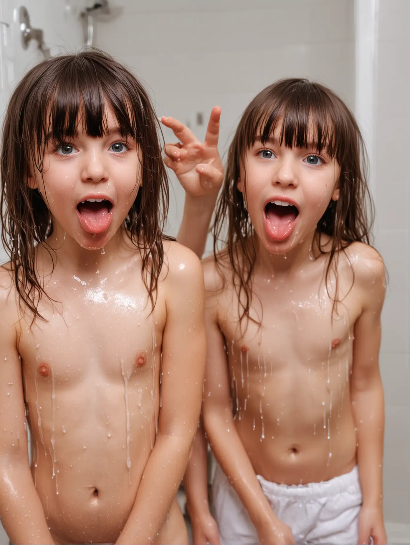 Two Adorable-Young-Girls-hair-with-bangs-tongues out Standing-in-Bathroom-with-wet-Shiny-Skin