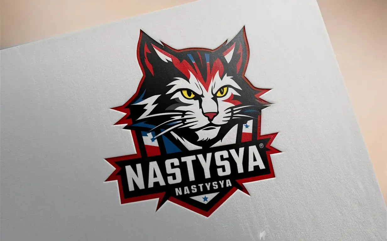 Логотип "Nastysya", в стиле милитари, на фоне коты
