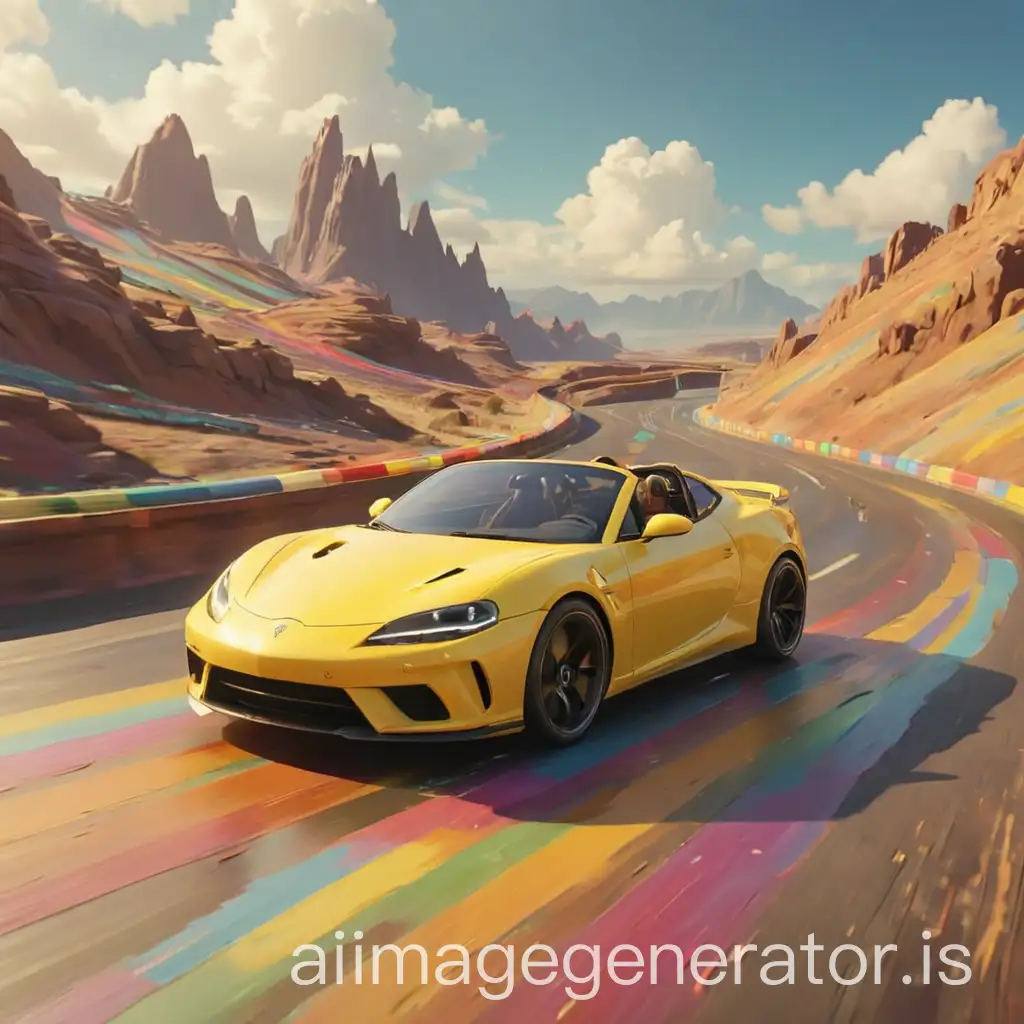 A yellow sports car drives along the rainbow road from planet earth