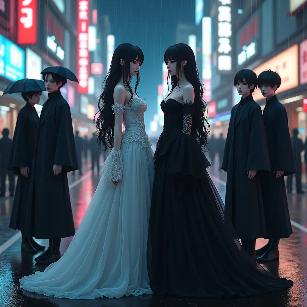 Japanese-Female-Vampires-in-Gothic-Lace-Dresses-on-Rainsoaked-Shibuya-Street-at-Night