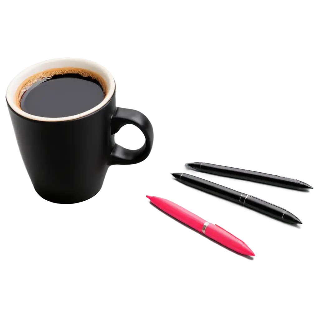 PNG-Image-of-a-Black-Coffee-Cup-with-Colorful-Pens-Creative-and-Functional-Visual-Asset