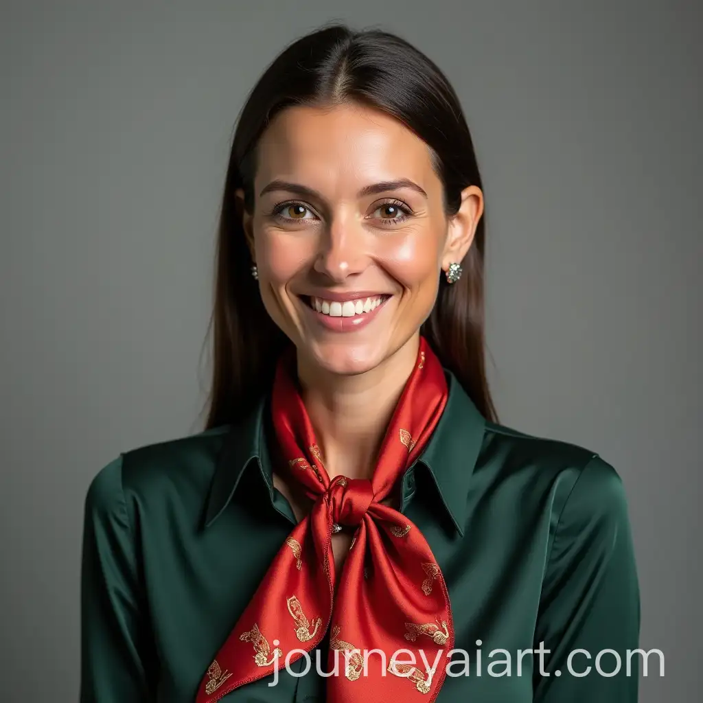Elegant-Portrait-of-a-Confident-Woman-in-Dark-Green-Blouse-and-Red-Scarf