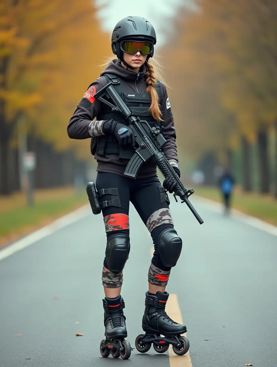 a 17 year old airsoft geared woman at a distance, she is skating in a park, holding a weapon, on an empty road, clothes have racing colors, she is wearing lots of functional sportswear, cycling gloves, airsoft helmet with transparent visor over eyes, smartwatch, thick plastic knee pads, modern inline skates with complete organized wheels