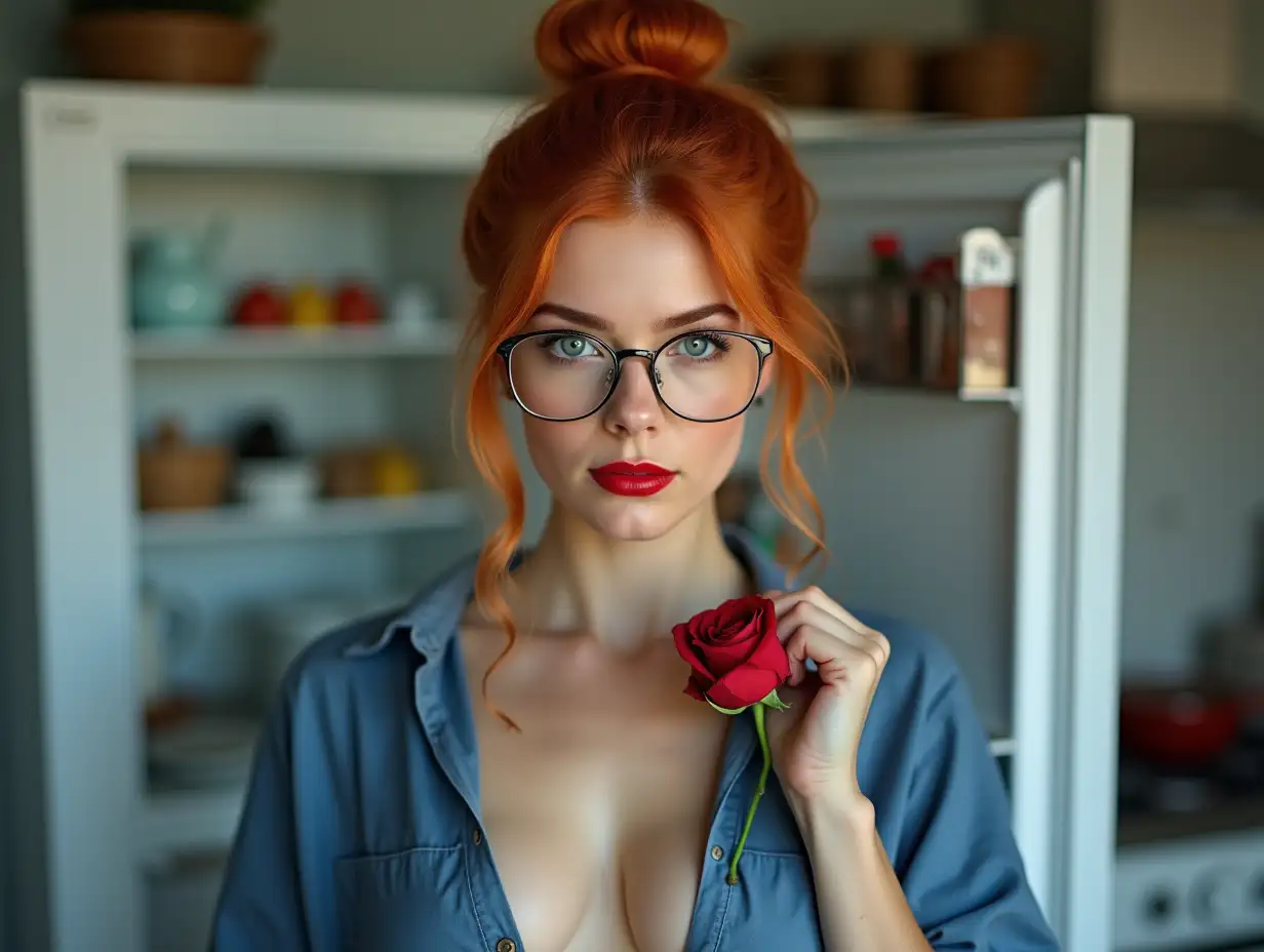 Beautiful-Student-in-Kitchen-with-Rose-and-Fiery-Gaze