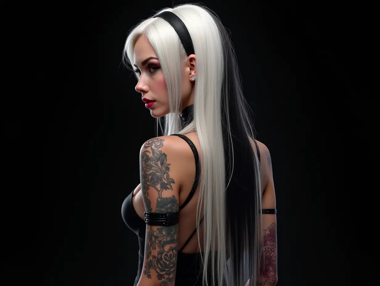 Depiction of a beautiful white woman with tattoos and long mixed white with black hair in a futuristic style and black background