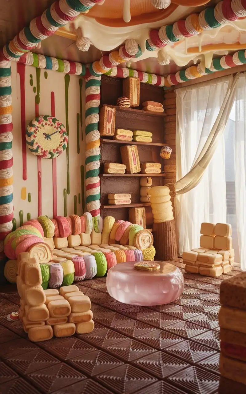 Interior scene of a house made of bread and dessert. The living room has a cozy sofa made of a large, squishy marshmallow with a lot of marshmallow features, next to a round coffee table made of translucent jelly, and chairs made of sandwich cookies. The candy walls were decorated with colorful fudge patterns, only a clock made of cake hung on the wall, and the floor was covered with large rectangular chocolate floors with some texture. The curtain made of egg rolls, gently penetrates the natural light. The bookshelf is made of rectangular biscuits, and there are several jelly-shaped books on the bookshelf, and the crisp-tube lamp is next to the sofa. There are a few bookcases made of marshmallow, flowing a little cream, the room is full of sweet atmosphere, the overall style is full of Tong Qu and fantasy. The camera goes from left to right