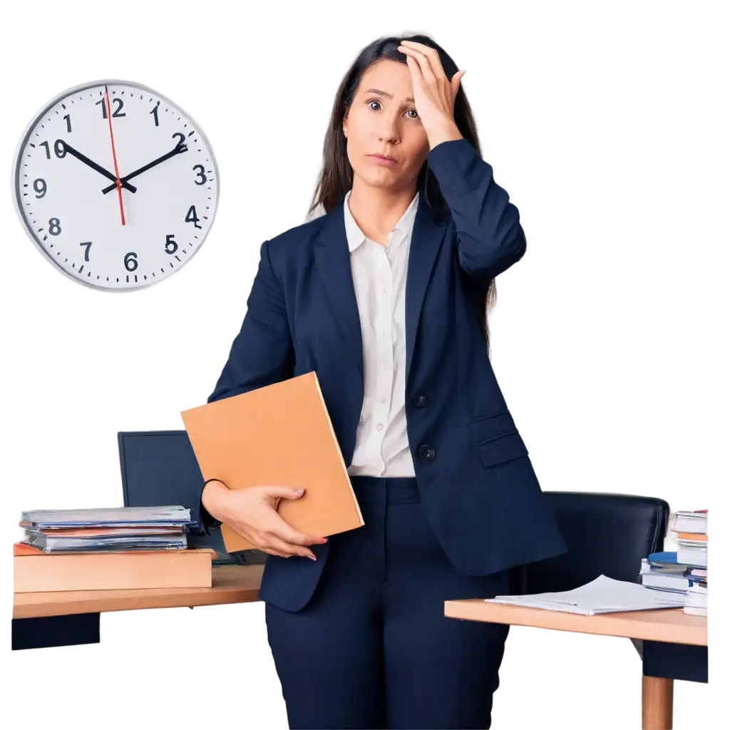 Create a semi-realistic image of a principal in her school office, wearing professional attire. She appears tired, surrounded by a stack of paperwork. A clock on the wall indicates it's late. A thought bubble above her head reflects her determination to meet her goals, though she's unaware that coaching could be the key to success