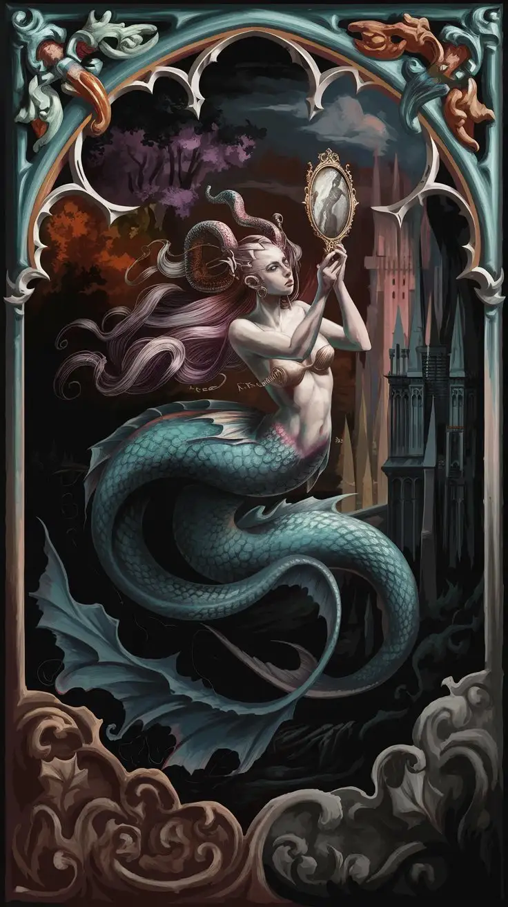 Stunning digital art, highly detailed, medieval illuminated manuscript style, a mermaid with twin serpentine tails, holding a mirror, gothic horror, dark fantasy, intricate border, deep colors, dramatic lighting, mystical, mysterious, art by Gustave Doré and Aubrey Beardsley --ar 16:9 --zoom 1.5 --v 5.2 --style raw