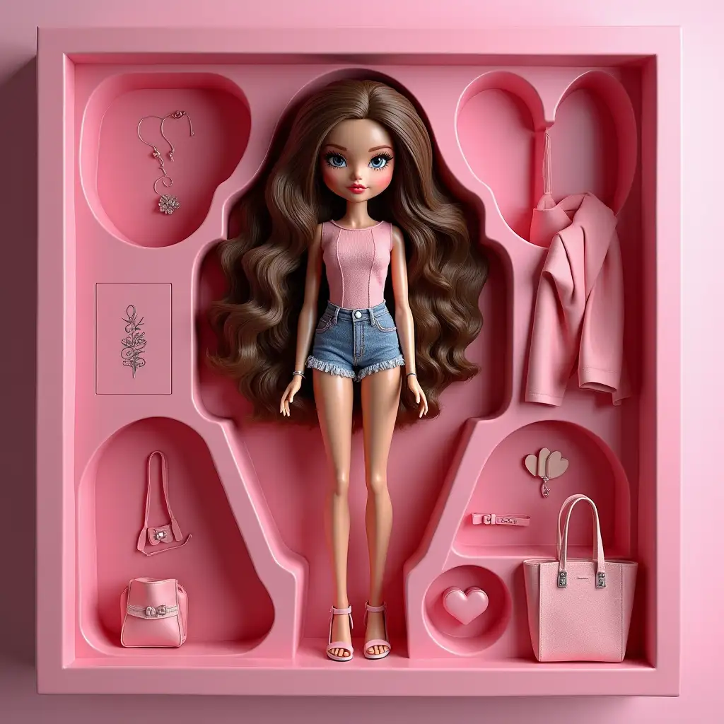 Create art: 3D-doll in Bratz style, made of soft touch plastic. The character is the full height, repeats the appearance and outfit from my photo. Copy every detail: hair, hairstyle, lips, eyes, features and proportions of the face. Clothes - exactly the same, with an emphasis on style and textures. The doll lies in a plastic recess that repeats its silhouette. Create a collector's action figure of a human -like an expensive toy in the package. Style: as realistic as possible, suitable for advertising or storytelling (aspect ratio 9:16). The name Tatyana -letters are imprinted and engraved on the box Accessories inside the box: Arranged next to the doll in their places in separate compartments accessories that match my mood and character.