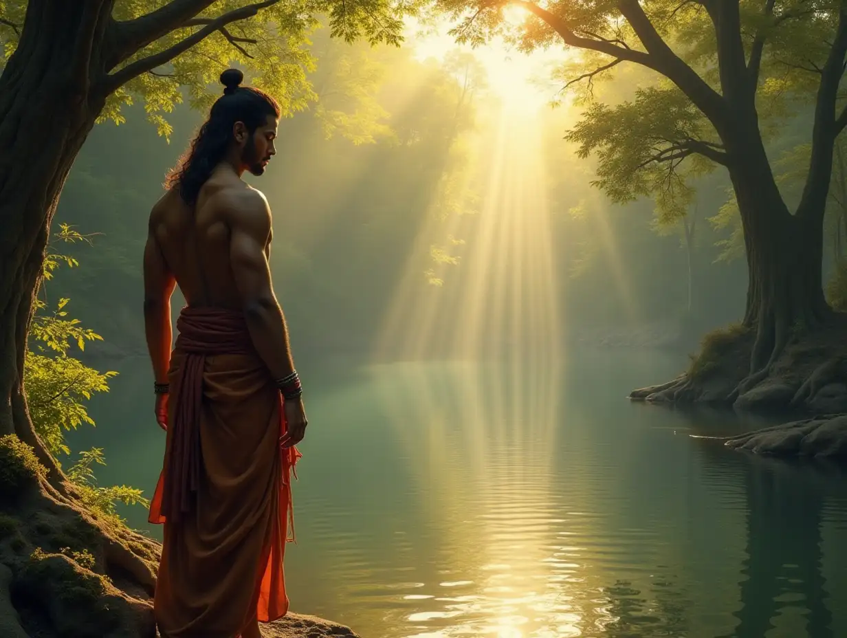 Nakula-Pandava-Warrior-in-Exile-Standing-by-Serene-Forest-Lake