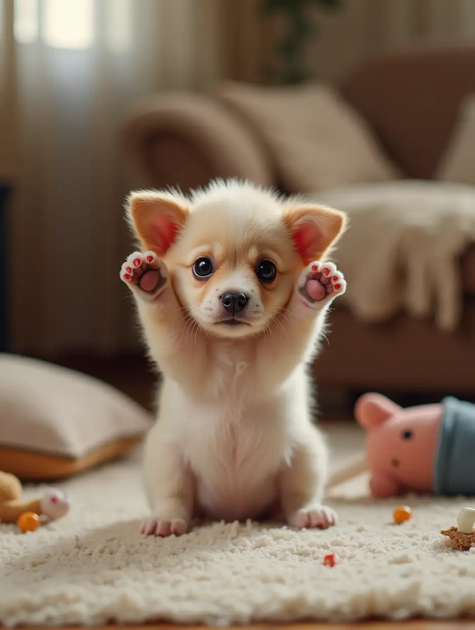 A cute little puppy with big, sad eyes holding its ears in a playful, apologetic way, as if saying sorry to his lady owner for making a mess in the house. The puppy is surrounded by scattered toys, overturned cushions, and a bit of chaos in the living room. Its tiny paws are lifted, and it’s looking up with a guilty yet adorable expression, as if asking for forgiveness. The warm, cozy atmosphere of the room adds to the charm, with soft lighting and a homey feel, making the puppy’s apology even more endearing.