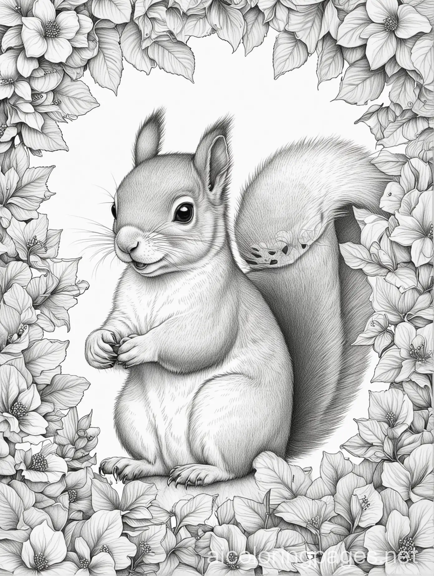 Squirrel-Surrounded-by-Dogwood-Leaves-Coloring-Page