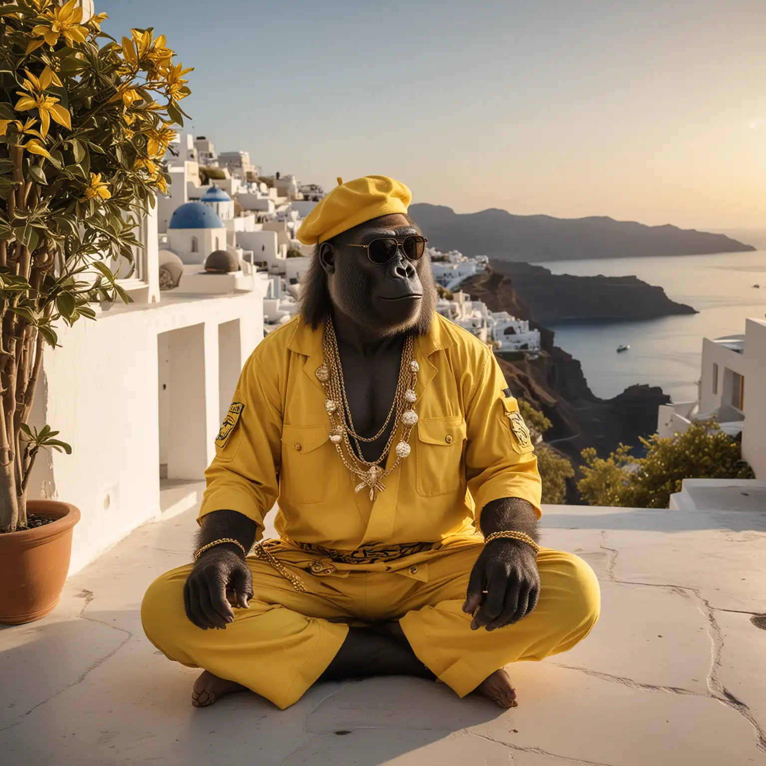 Gorilla in Yellow Hawaiian Military Attire Meditating on Santorini Terrace at Sunset