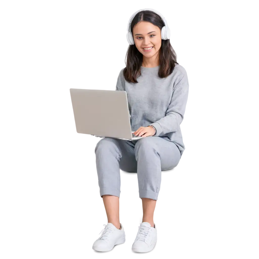 Smiling-Young-Woman-in-Online-Class-with-Notebook-and-Headphones-PNG-Image