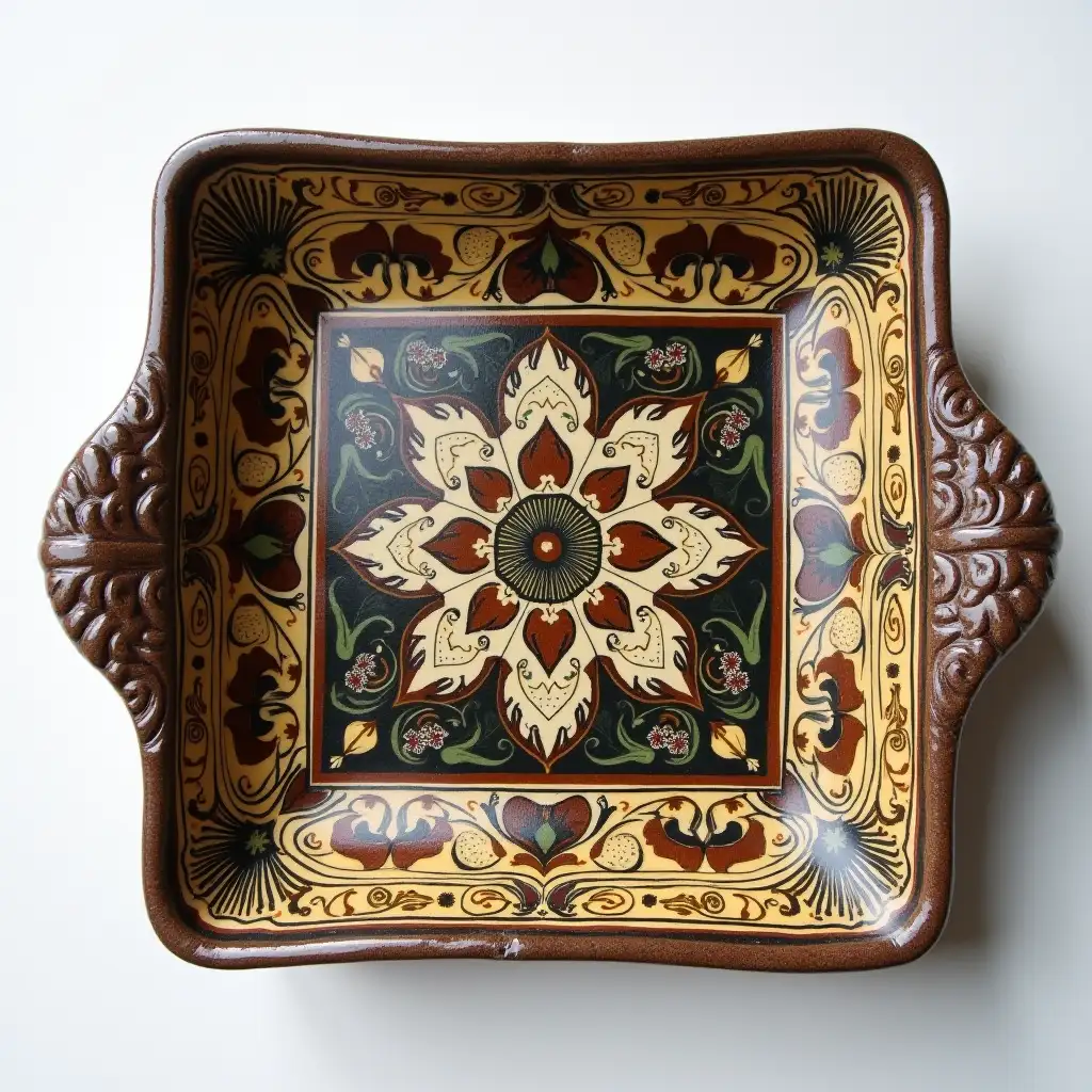 Square with rounded corners ceramic serving dish with embossed beautiful handle, antique and old, Qajar art, Iranian Tabriz carpet design