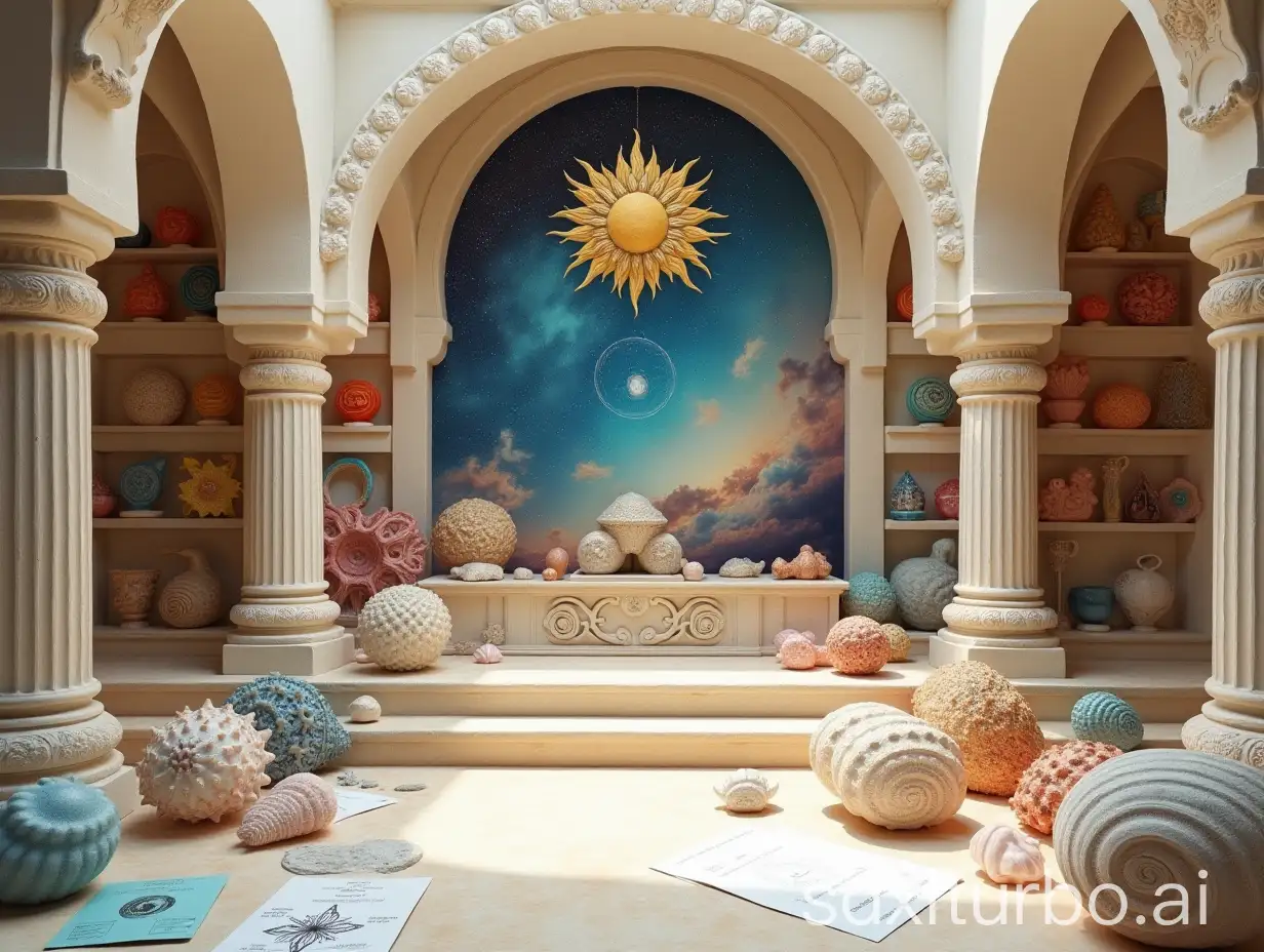 a carved white stone hall with carved pillars altar with sun mandalas, many glassy polyhedra on shelves, colorful spiraling seashells, papers and posters with mandalas et formulas, pictures of fractals, galaxie and starry sky in the background, off white and warm colors, high precision, low saturation