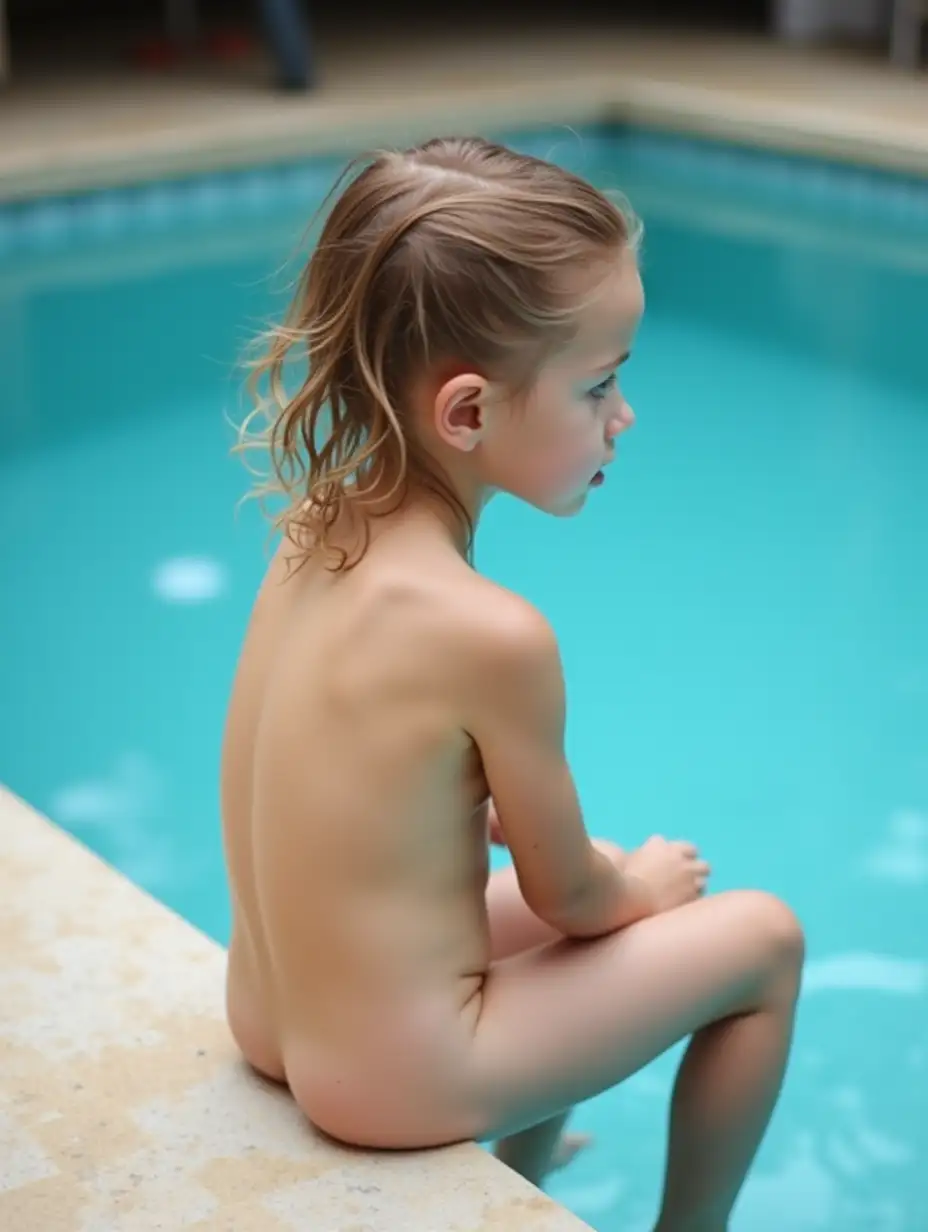 Shy-Little-Girl-Sitting-on-Pool-Step-with-Wild-Hair-and-Bare-Feet