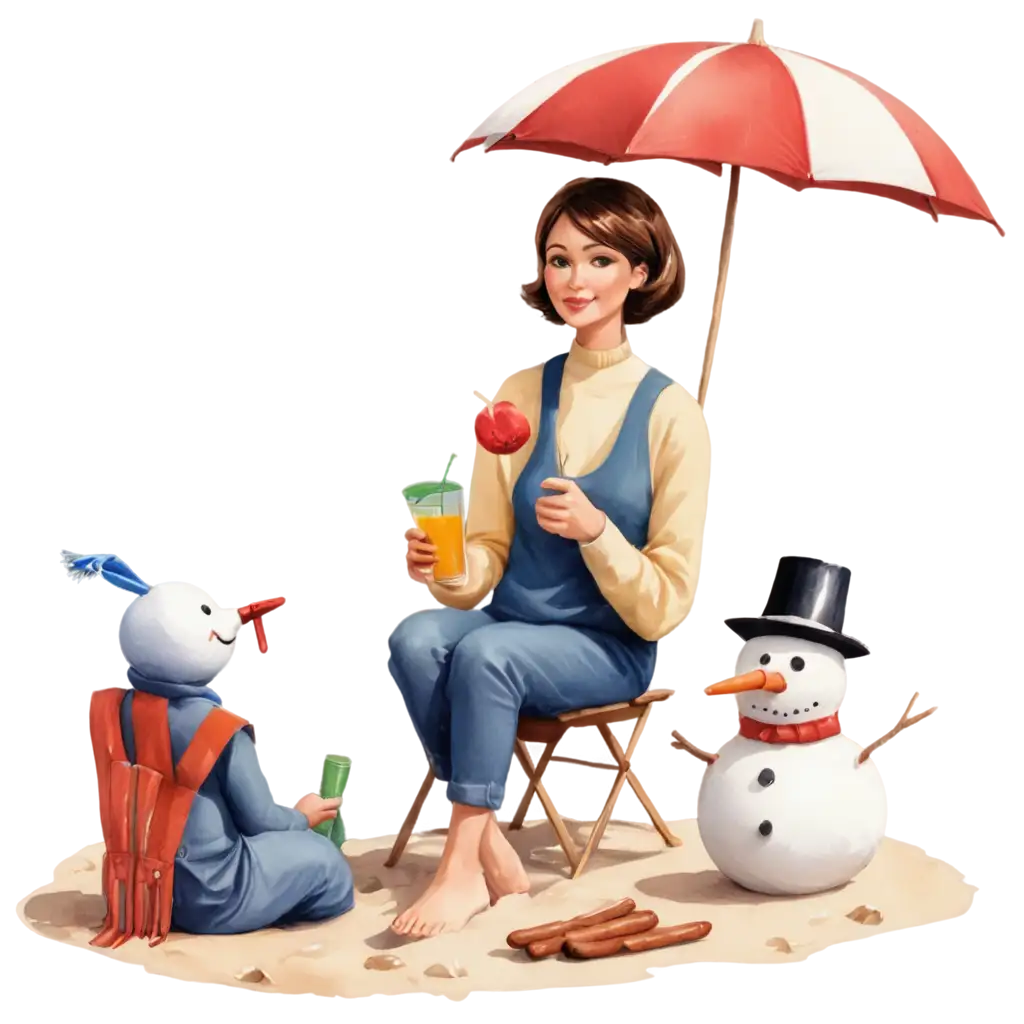 Teacher-Enjoying-a-Beach-Cocktail-with-Snowmen-and-Campfire-PNG-Image-for-Unique-Visual-Content