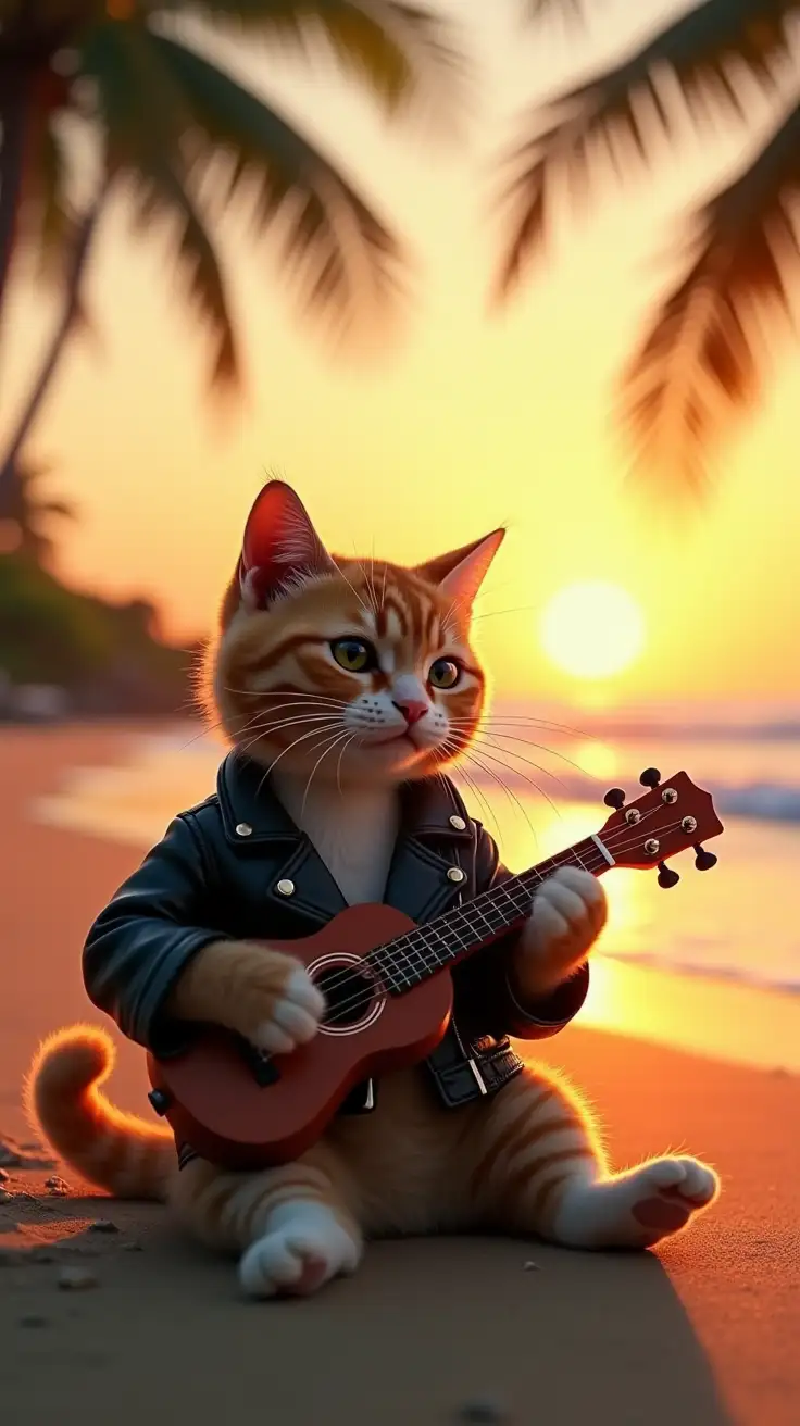 A charismatic rockstar cat, dressed in a black leather jacket, sitting casually on a sunlit beach, playing a ukulele. The cat’s paws strum the small instrument, producing a relaxed, melodic tune, while soft ocean waves crash in the background. Palm trees sway gently, and the golden sand glows under the warm sunlight. The setting sun casts a beautiful orange hue across the sky, creating a serene and tropical atmosphere.