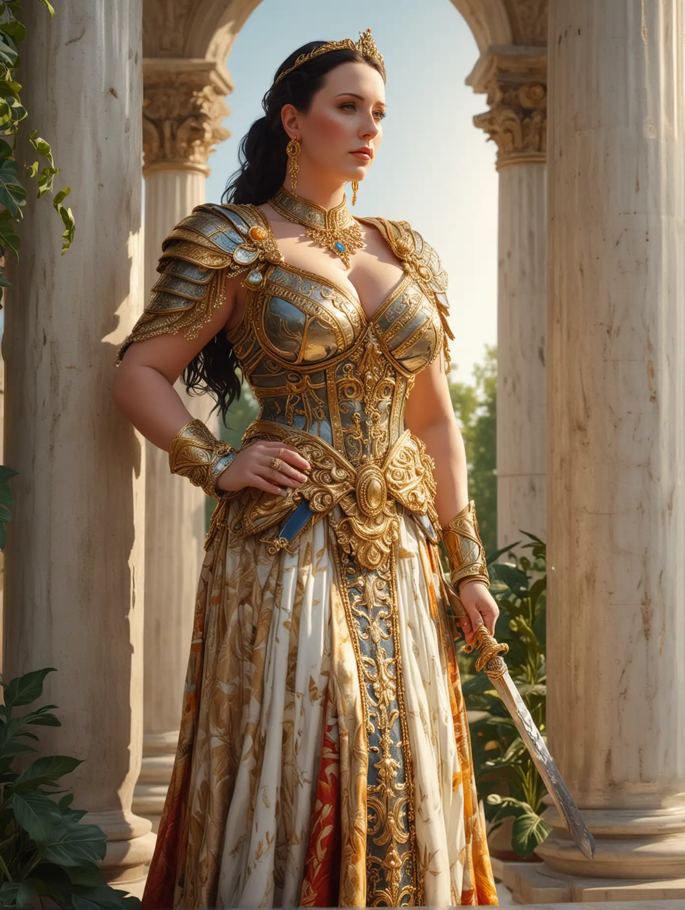 a photograph portrait, beautiful Angela White, amazing cleavage, roman soldier, roman soldier costume, wearing a multicolor elabborate dress of gold, standing elegance, filigree dyamond, silk and linen, gigantic sword, pots with plants, marble doric columns, 3d render, bright light of the sun.