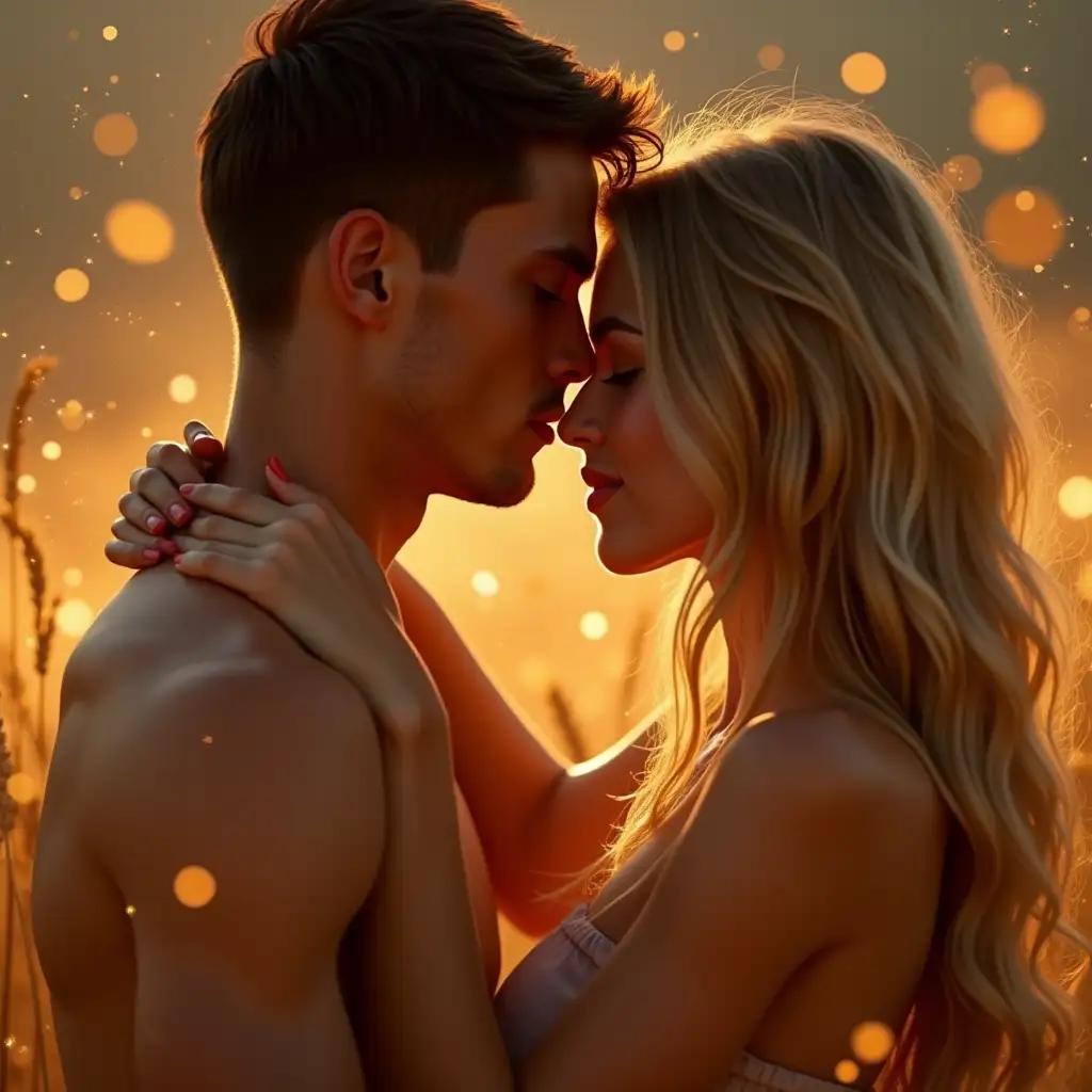 Lovers. - a young handsome smooth-shaven brunette guy and a beautiful blonde girl with long hair. Wheat. Hugs. The whole body is in close-up. Particles with a glow effect.