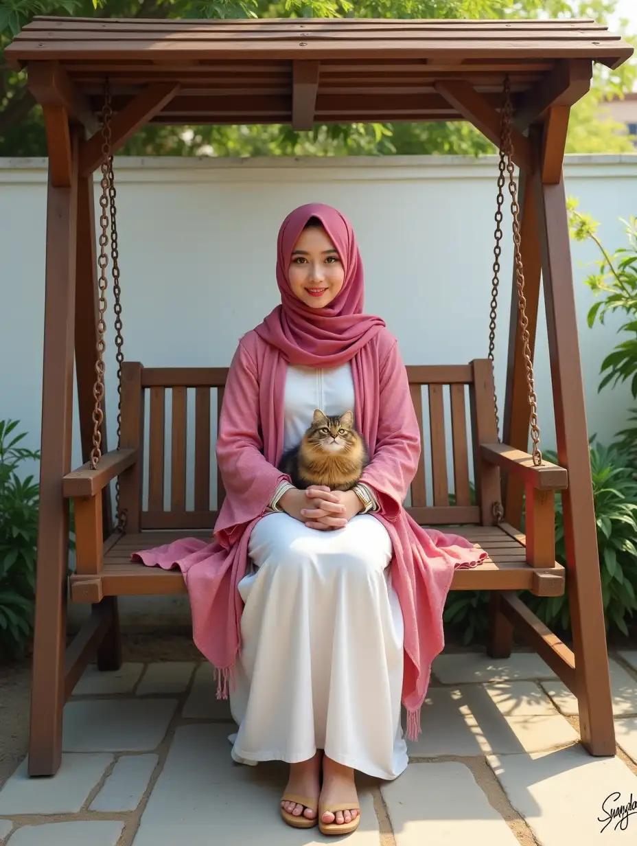 Young-Woman-with-Pink-Hijab-and-Persian-Cat-on-Wooden-Swing-in-Garden