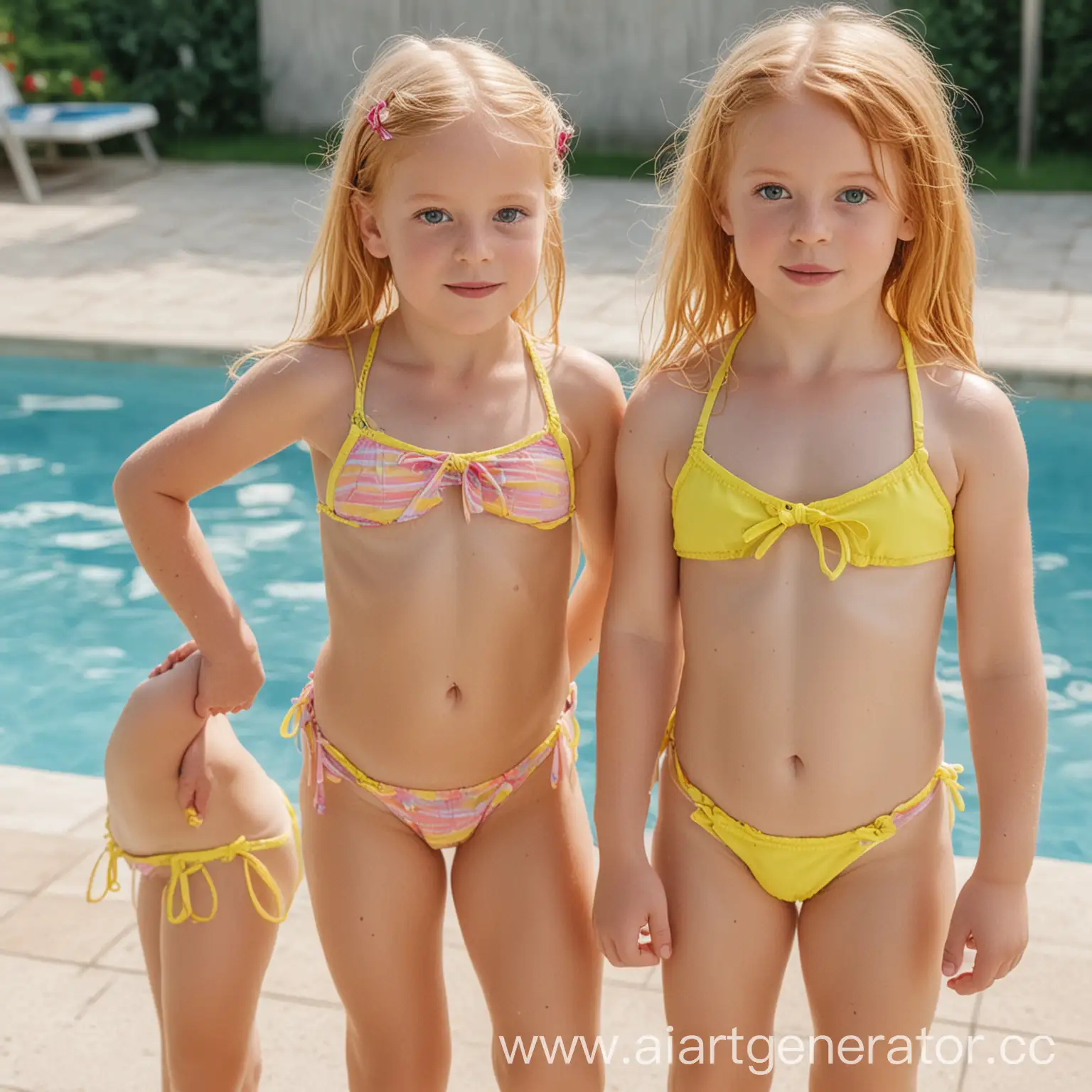 Two european  four years old girls are standing near a swimming pool, one is blond with blue eyes and is wearing a yellow . micro bikini and the other is redhead with green eyes wearing a pink string bikini.