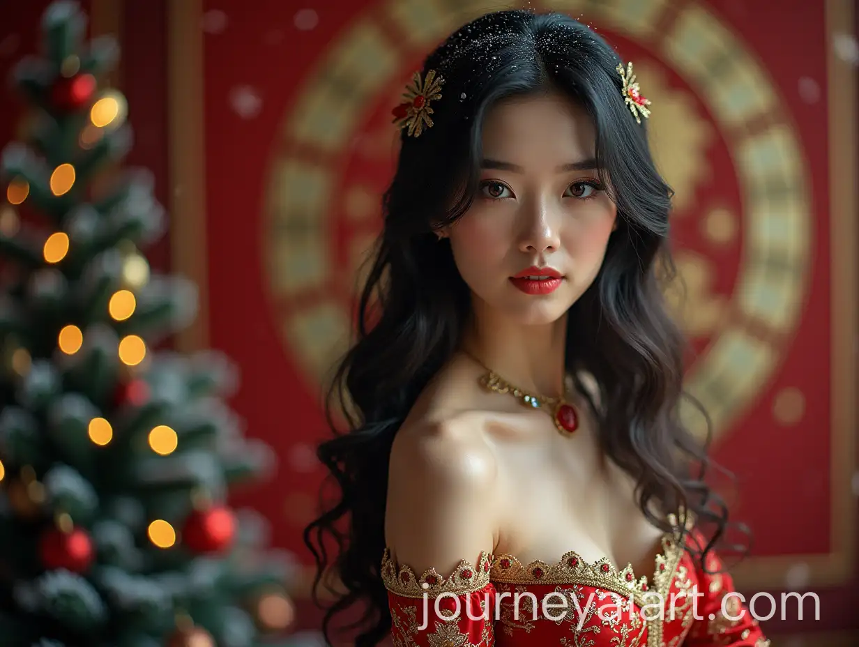 Chinese-Woman-with-Dragon-and-Christmas-Tree-in-Winter-Snow-with-Astrological-Circle