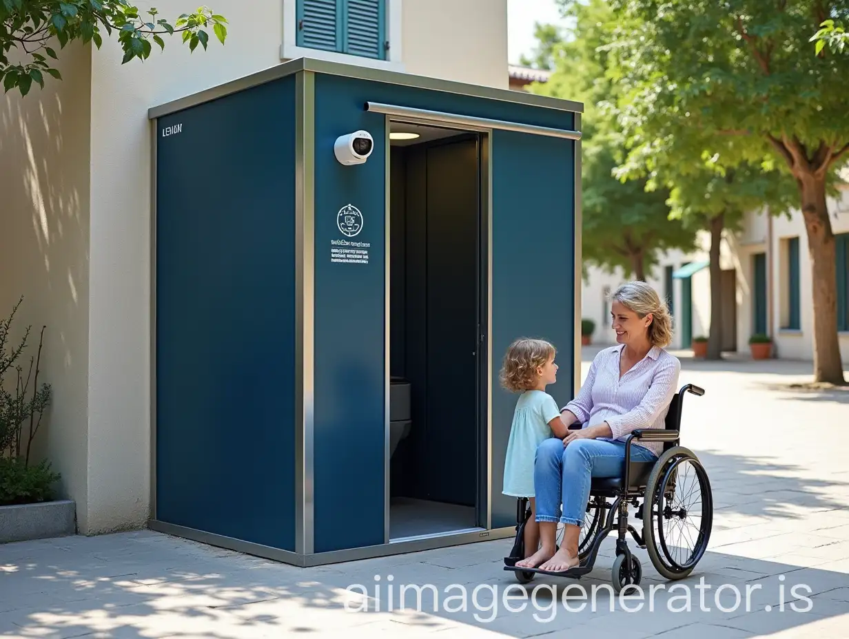 Disabled-Woman-in-Wheelchair-Entering-Accessible-Public-Toilet-with-Child-in-Provence-Village-Square