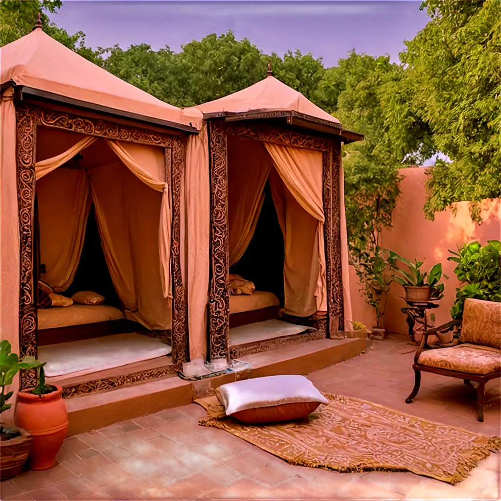 Eco-Friendly Tents: Private units with verandas, inspired by Rajasthani chhatris, featuring jharokhas and private courtyards. Modern interiors with local crafts, including block-printed textiles and stone inlays.