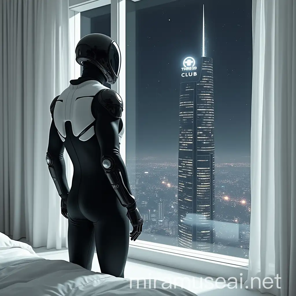 Futuristic Cyberpunk Man Observing Cityscape with Space Station