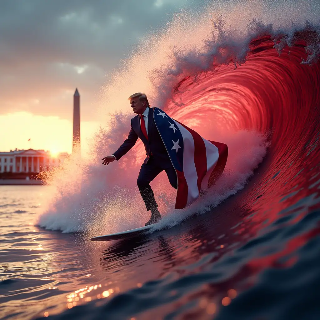 make a photo-realistic cinematic image of Superhero Donald Trump with a usa flag cape dramatically surfing and riding a giant wave of red wine to the White House giant dollar sign in the background red white and blue star-spangled sea at sunrise (red white and blue water) red water, red wine waves, red wine ocean, sea of red wine, surfing to the White House, trump surfing a giant wave, white house in the background, Washington DC in the background, giant red wine wave curling into a tube, red water capital hill and Whitehouse tsunami wave giant dollar sign in the background