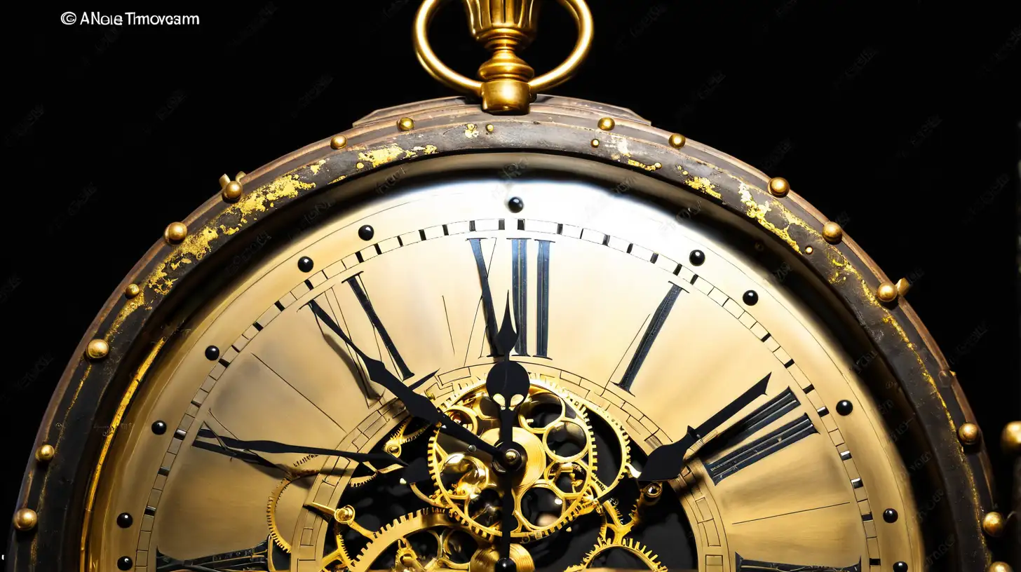 Ancient Clock with Touch of Gold on Black Background