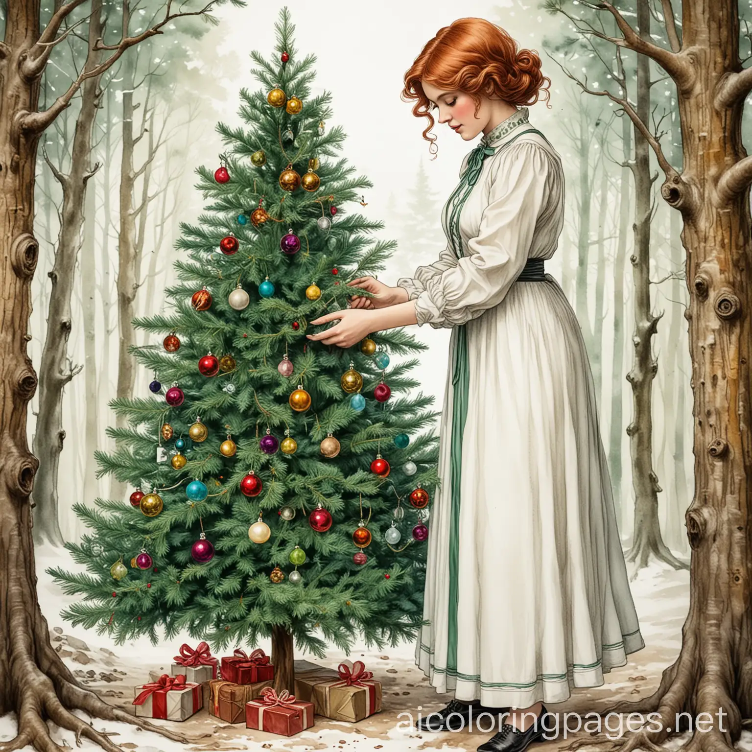 1920s-Woman-Decorating-Christmas-Tree-in-Forest-Art-Nouveau-Style