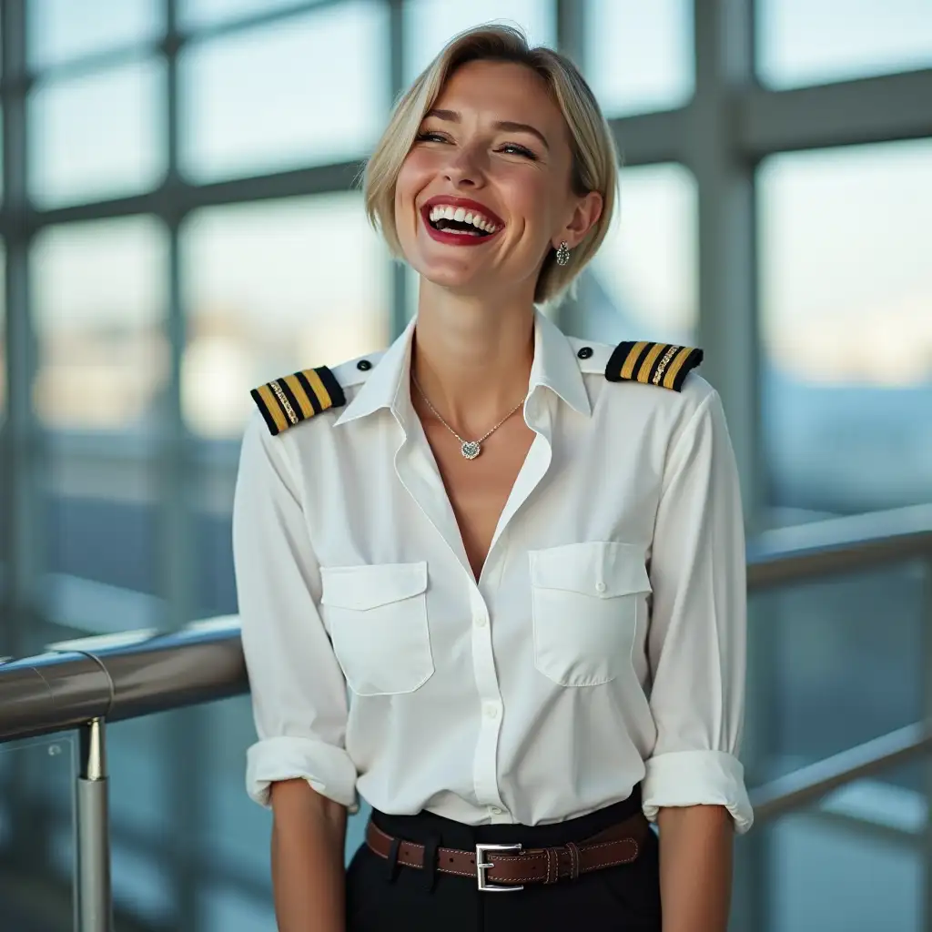 white norvegian pilot lady, in white deep-necked pilot shirt, laughing with her mouth open, red lipstick accentuating her smile,belt on waist, big wide hips, chest are fully grown, jewerly, short hair, HD, enjoying at airport , photo-realism