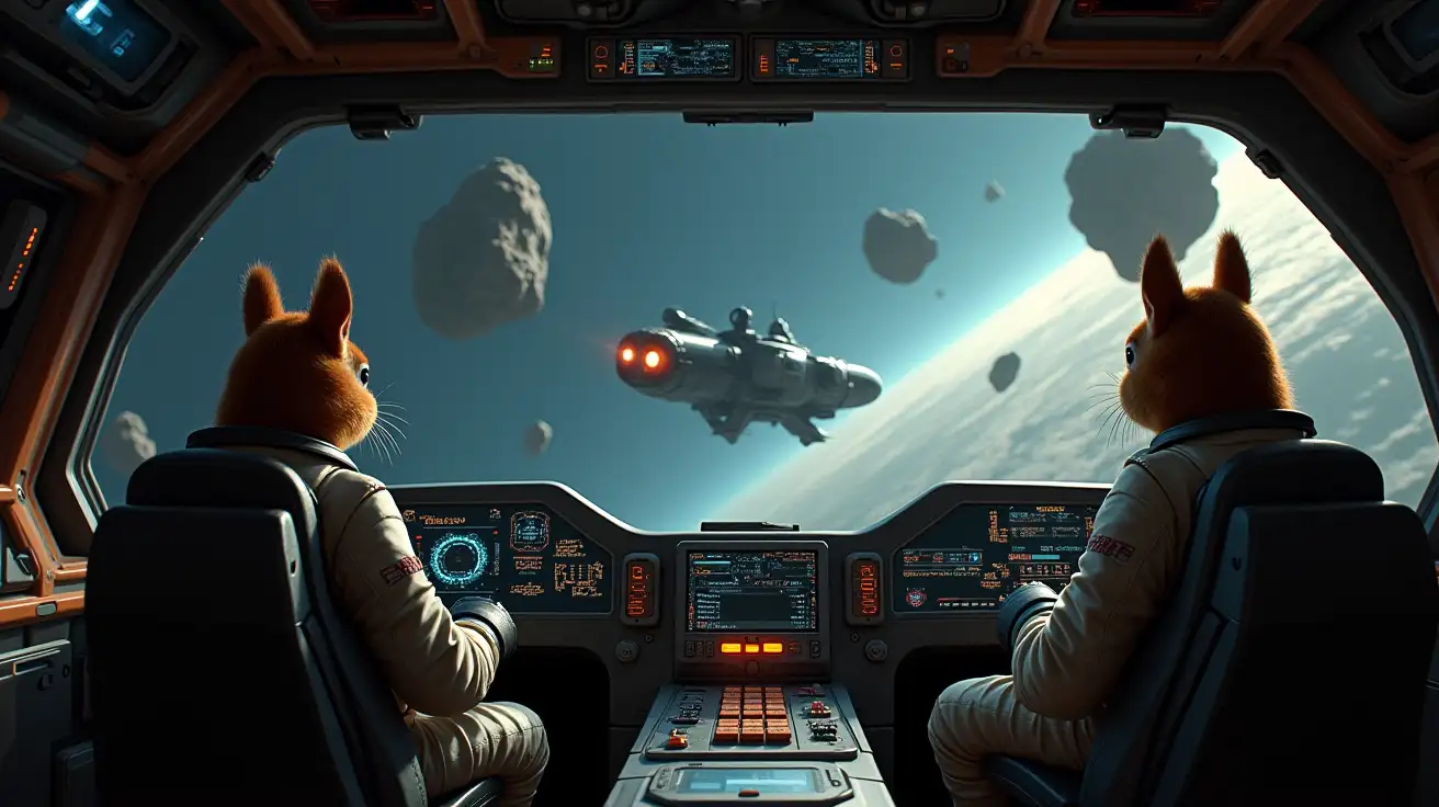 sci fi view of command room with squirrel astronauts piloting spaceship through an asteroid field