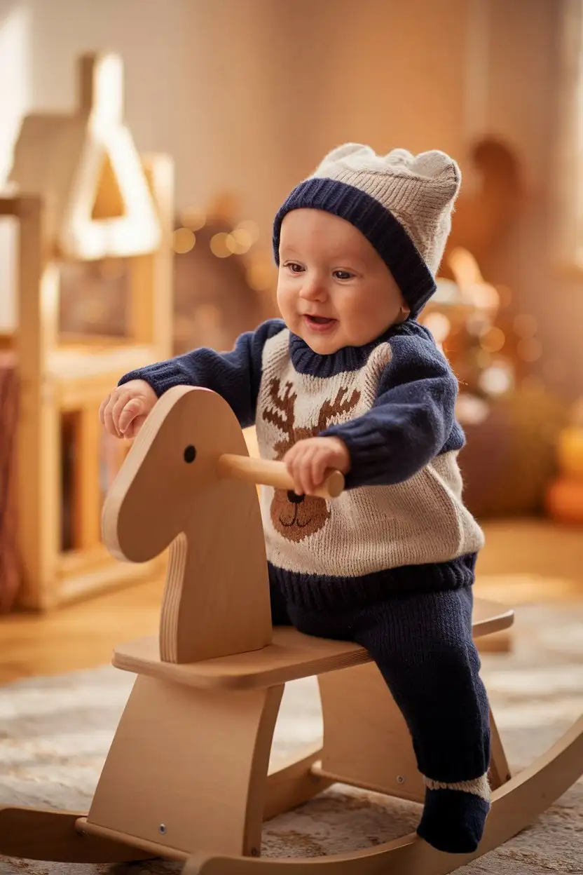 A baby boy, 9 months old, sitting on a wooden rocking horse in a warmly lit nursery. He is wearing a chunky knit, navy blue sweater set with a matching beanie hat. The sweater has a cute reindeer design knitted into the front. He is smiling and reaching for the rocking horse's mane. The nursery background is softly blurred, showing wooden toys and warm-colored walls.  Autumnal, cozy atmosphere. Realistic, heartwarming baby photography