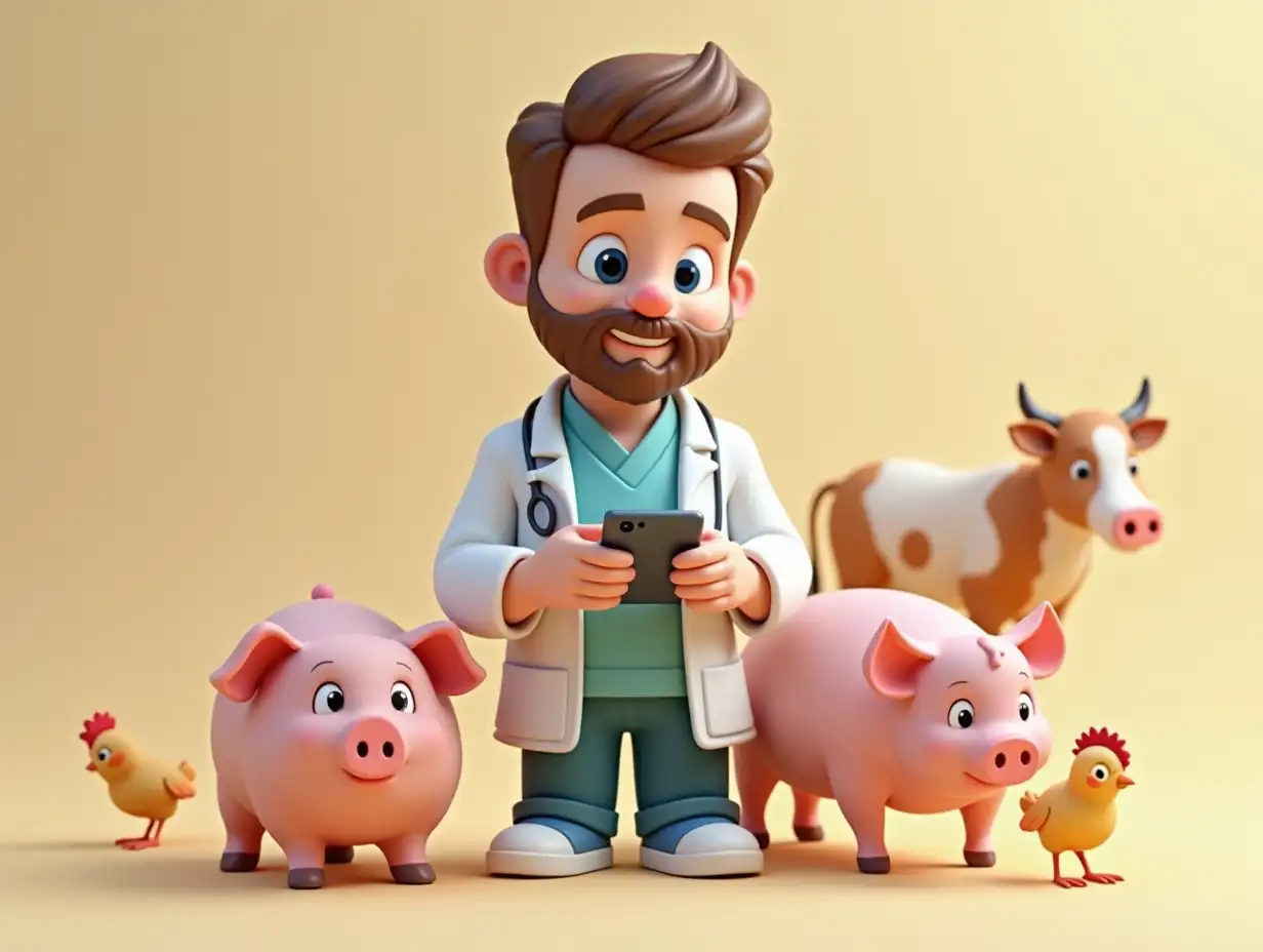 Create a 3D illustration for adults, of a vet with their medical kit, working on a mobile device. Around him there is a pig, some chickens and a cow a bit further in the background