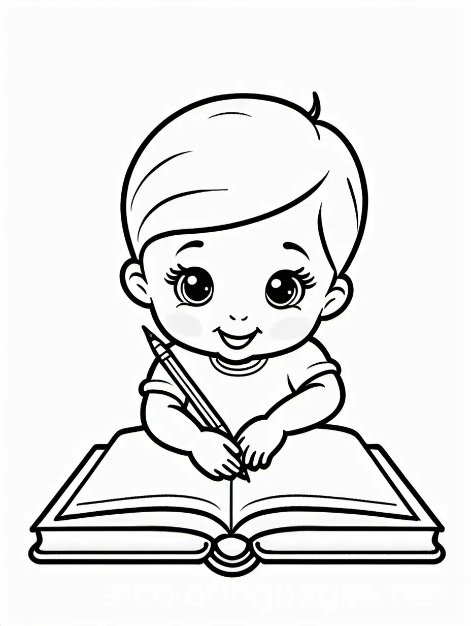 Child-Coloring-Page-Baby-Writing-Book-Line-Art-on-White-Background