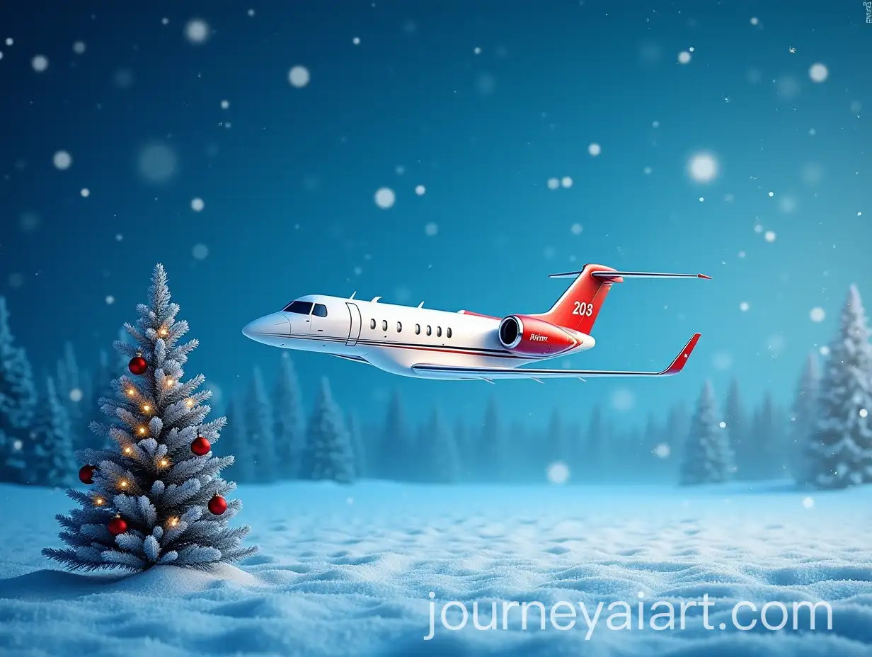 ChristmasThemed-Private-Jet-Flying-in-Blue-Winter-Sky-with-Snowflakes-and-Tree