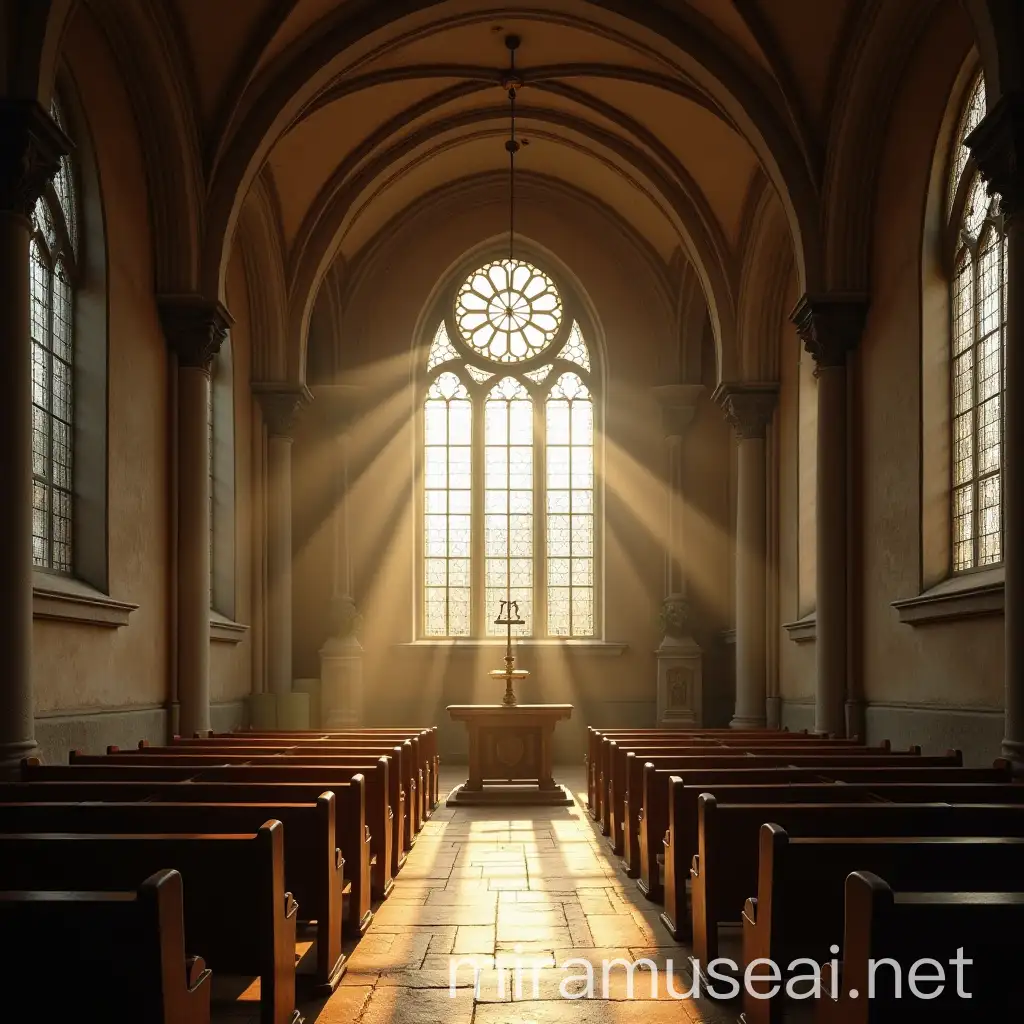 Realistic Photo of an Old Catholic Church with Angelic Light Streaming Through Windows