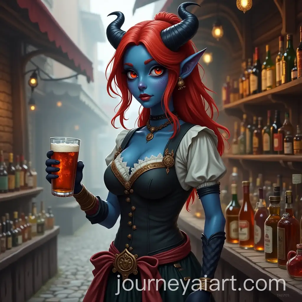 Fantasy-Female-Tiefling-LiquAI-Art-Prompt-Expansionor-Store-Clerk-with-Blue-Skin-and-Red-Hair-in-Medieval-Street-Setting