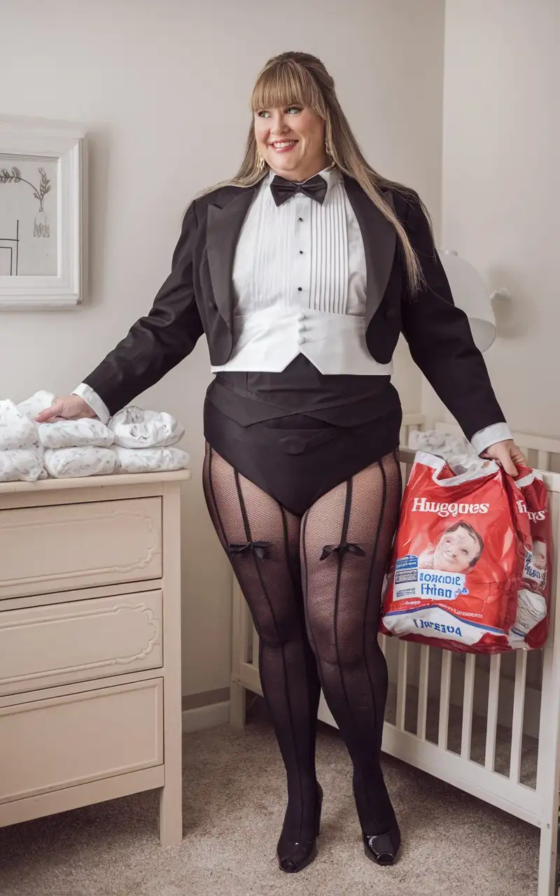 Smiling-MiddleAged-Caucasian-Woman-in-Tuxedo-Holding-Huggies-Package-in-Nursery