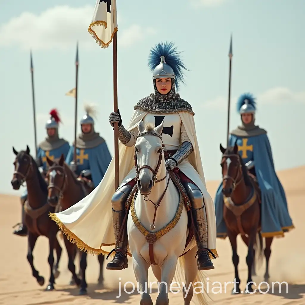 Female-Teutonic-Knight-with-Spear-and-Crusader-Escort-in-Desert