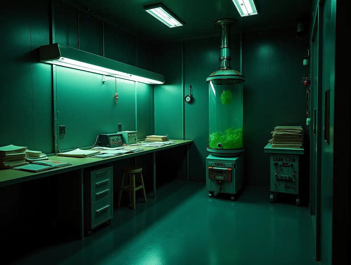 Dark-Laboratory-Room-with-Metallic-Walls-and-Cylindrical-Glass-Tank