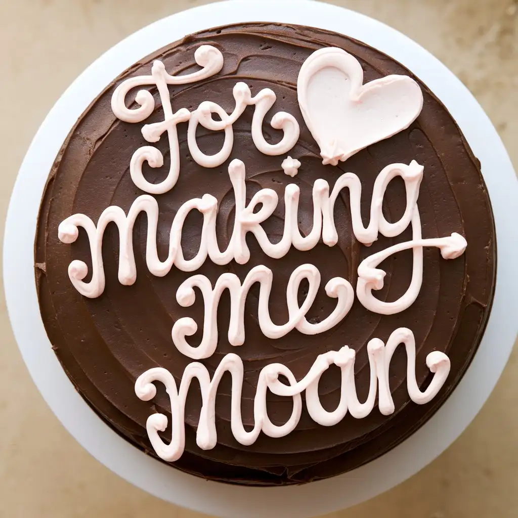 Eagle's eye view of a chocolate cake that has the words 'for making me moan' along with a heart in blush pink frosting, copperplate cursive